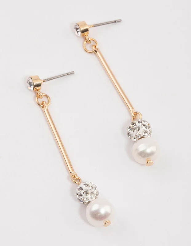 Sterling Stud Earrings-Gold Diamante Freshwater Pearl Drop Earrings