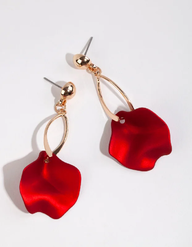 Large Crystal Earrings-Red Pearlised Petal Drop Earrings