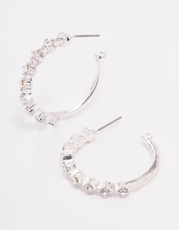 Rose Gold Earrings for Brides-Silver Encased Round Diamante Hoop Earrings