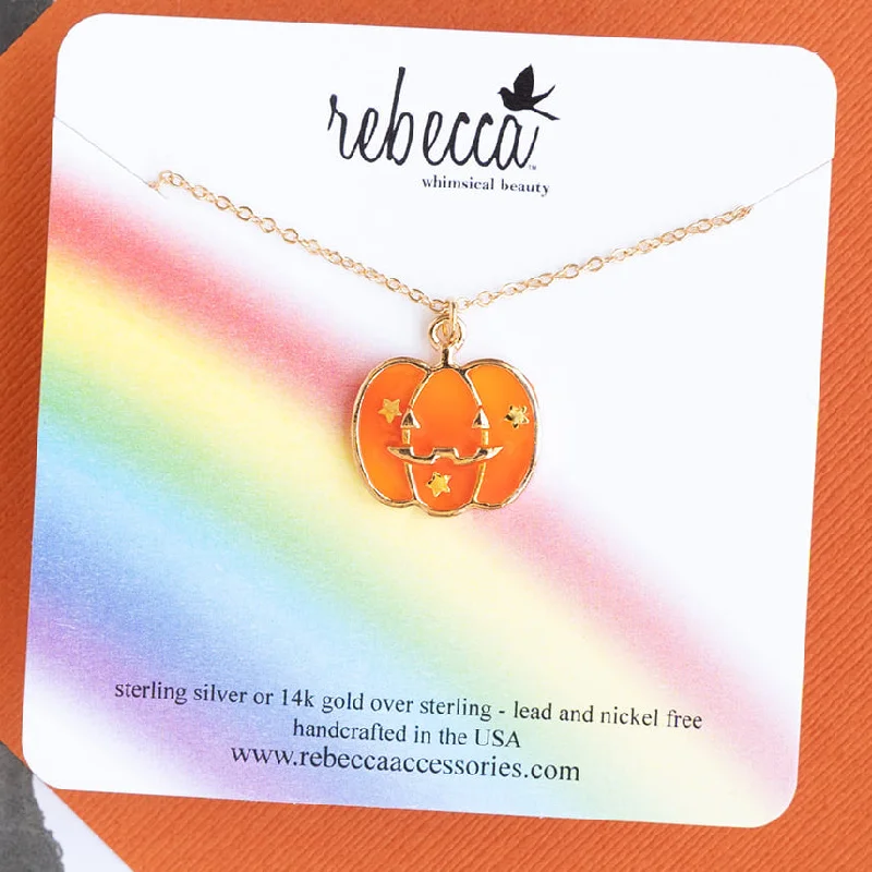 Diamond Heart Necklace-Pumpkin Orange Jack-O Lantern Enamel Charm Necklace Children