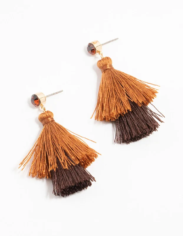 Vintage Gemstone Earrings-Brown Fabric Tassel Diamante Drop Earrings