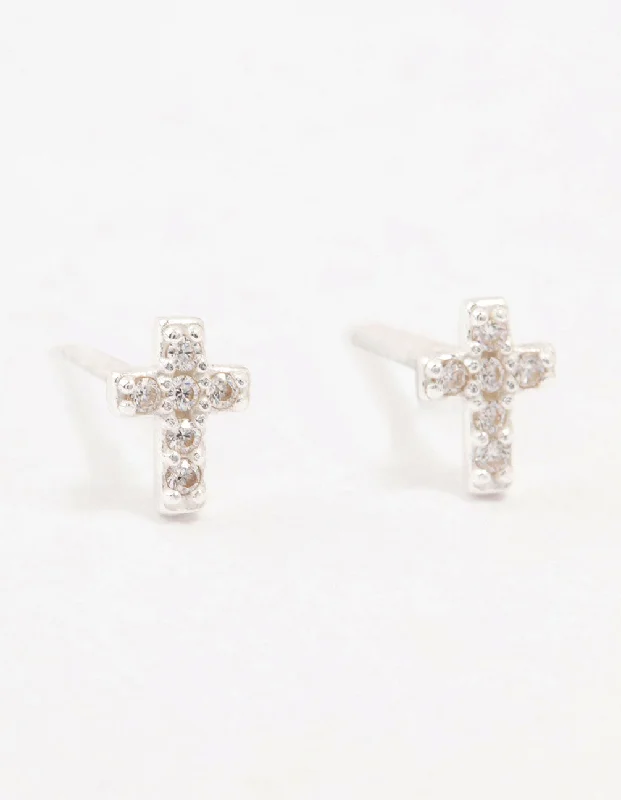 Clear Crystal Earrings-Cubic Zirconia Cross Sterling Silver Stud Earrings