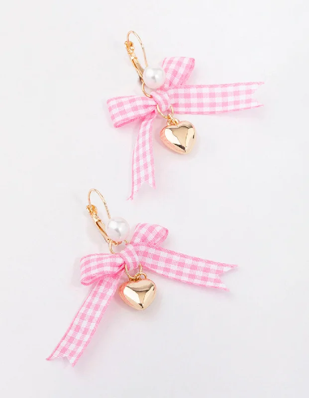 Minimalist Hoop Earrings-Pink Gingham Bow & Heart Drop Earrings