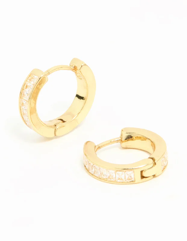 Rose Gold Earrings for Girls-Gold Plated Diamante Thin Pavé Hoop Earrings