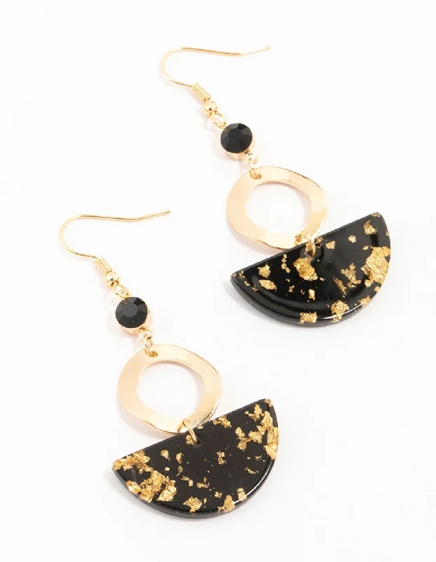 Handcrafted Earrings for Women-Gold & Black Beaded Half Disc Printed Drop Earrings