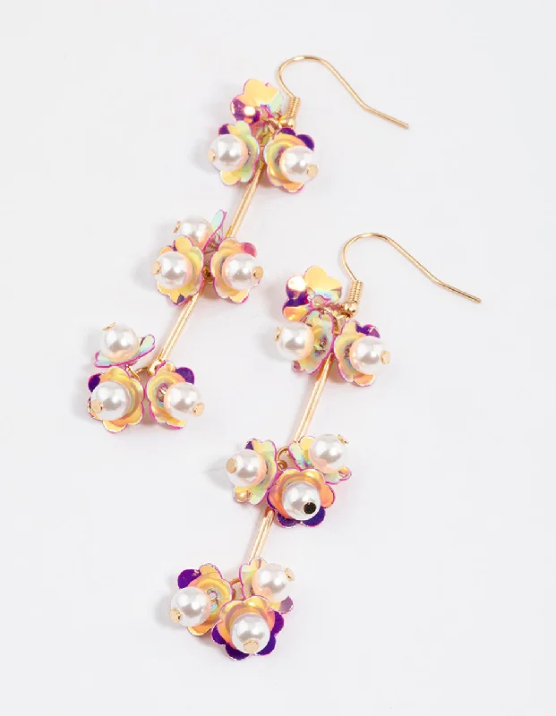 Multi-Layer Earrings-Pink Sequin Stick Flower Drop Earrings