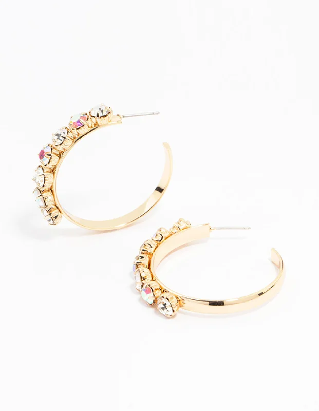 Hoop Earrings for Women-Gold Round Diamante Medium Hoop Earrings