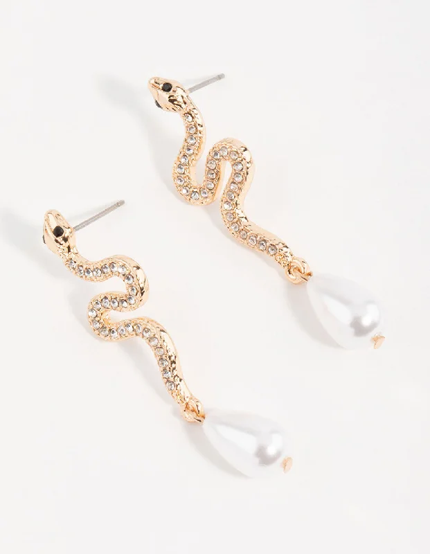 Beautiful Pearl Earrings-Gold Diamante & Pearl Snake Drop Earrings