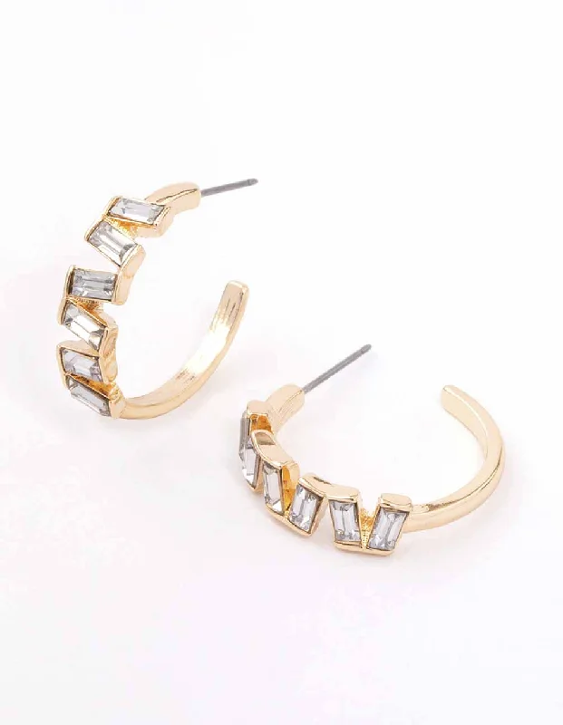 Textured Hoop Earrings-Gold Jagged Baguette Hoop Earrings