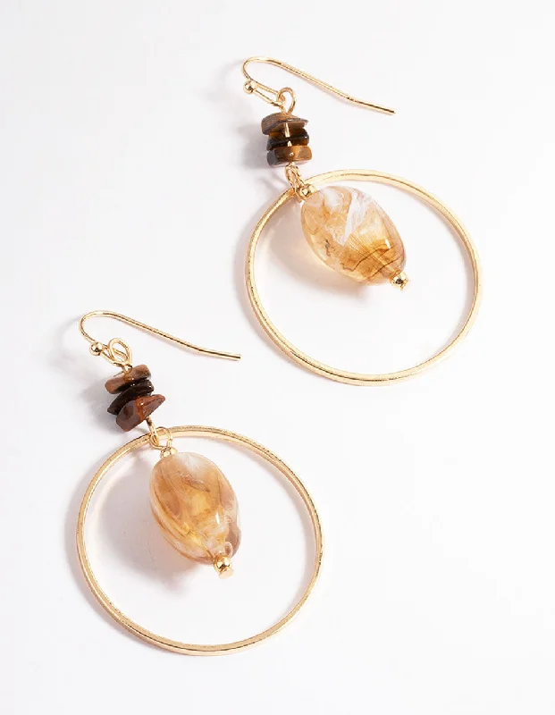 Opal Earrings for Brides-Brown Mixed Bead Open Circle Drop Earrings