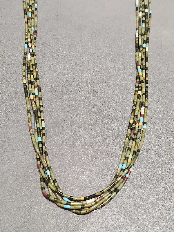 Statement Silver Pendant Necklace-Traditional Wrap Heishi Turquoise 5 Strand Necklace - Handmade Native American