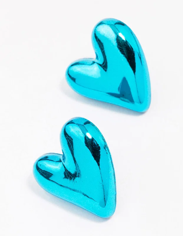 Simple Hoop Earrings-Blue Puffy Heart Stud Earrings