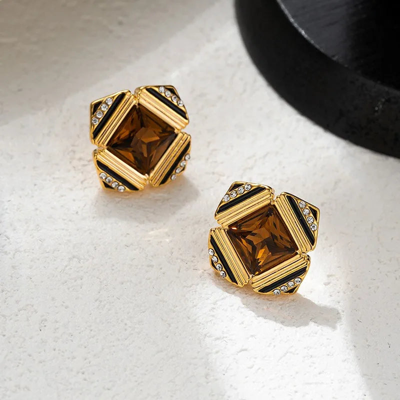 1 Pair Elegant Vintage Style Rhombus Plating Inlay Copper Zircon 18K Gold Plated Ear Studs