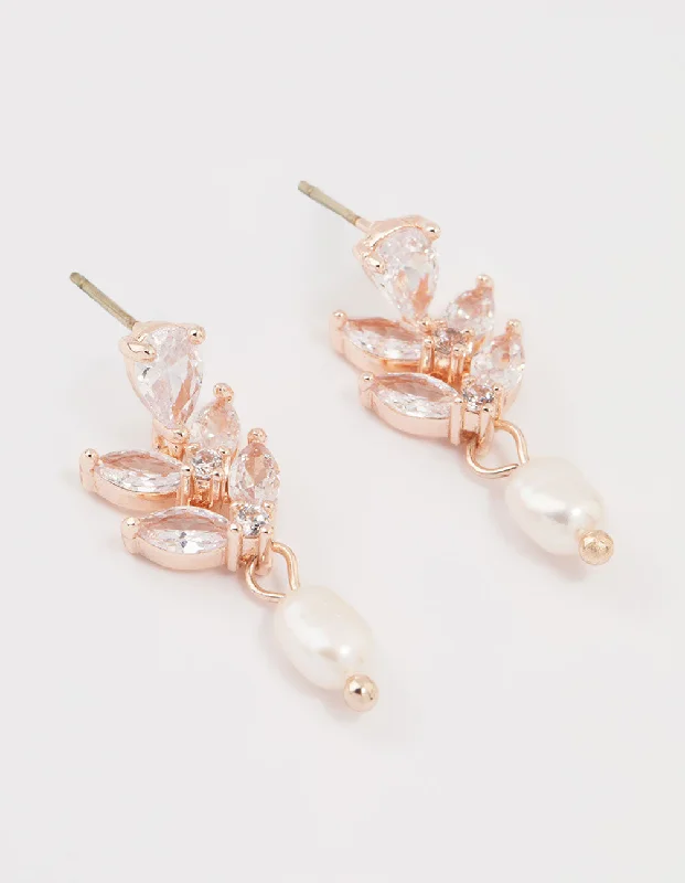 Shiny Crystal Earrings-Rose Gold Plated Cubic Zirconia Freshwater Pearl Drop Earrings