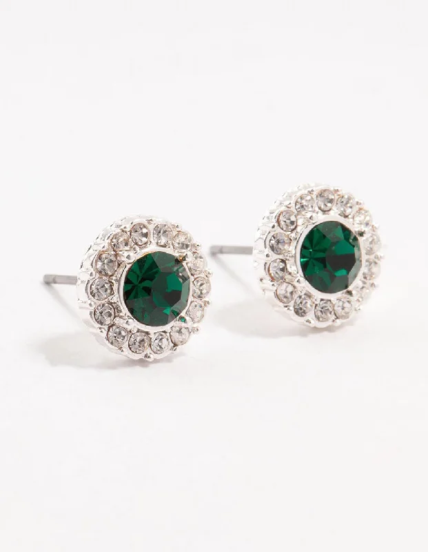 Custom Gemstone Earrings-Silver Green Halo Bohemia Czech Crystal Stud Earrings