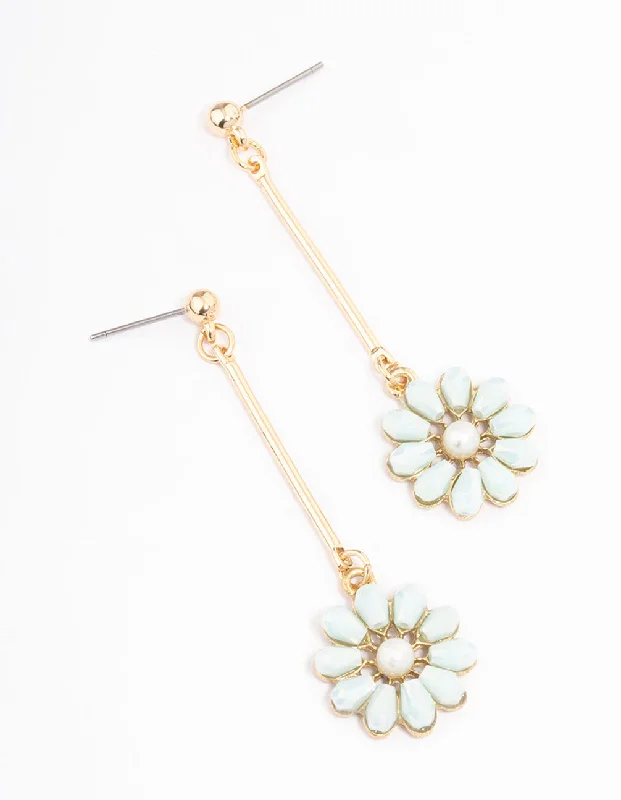 Simple Silver Stud Earrings-Mint Pearl Flower Bar Drop Earrings