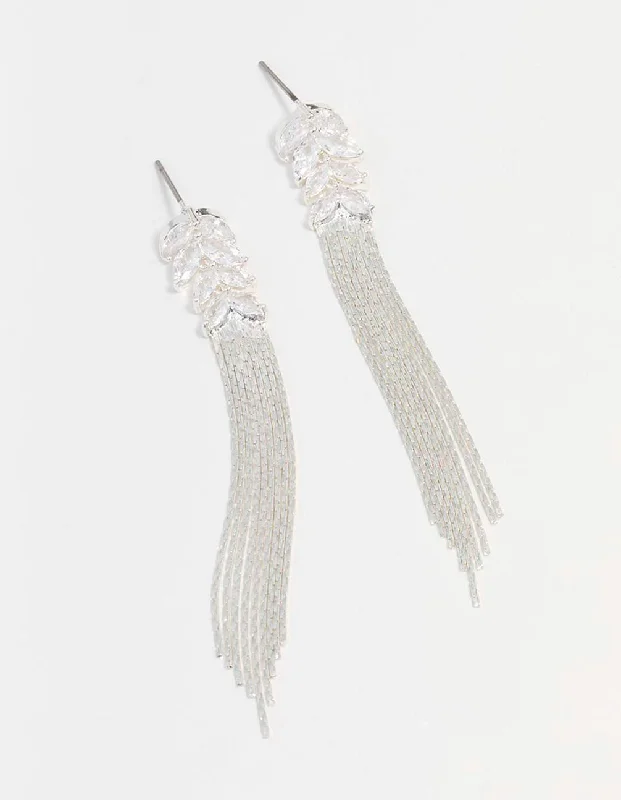 Designer Silver Earrings-Silver Cubic Zirconia Tassel Drop Earrings