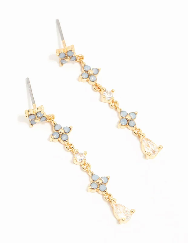 Colorful Hoop Earrings-Gold Plated Blue Cubic Zirconia Floral Drop Earrings