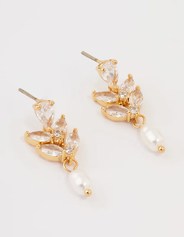 Funky Dangle Earrings-Gold Plated Cubic Zirconia Vine & Freshwater Pearl Drop Earrings