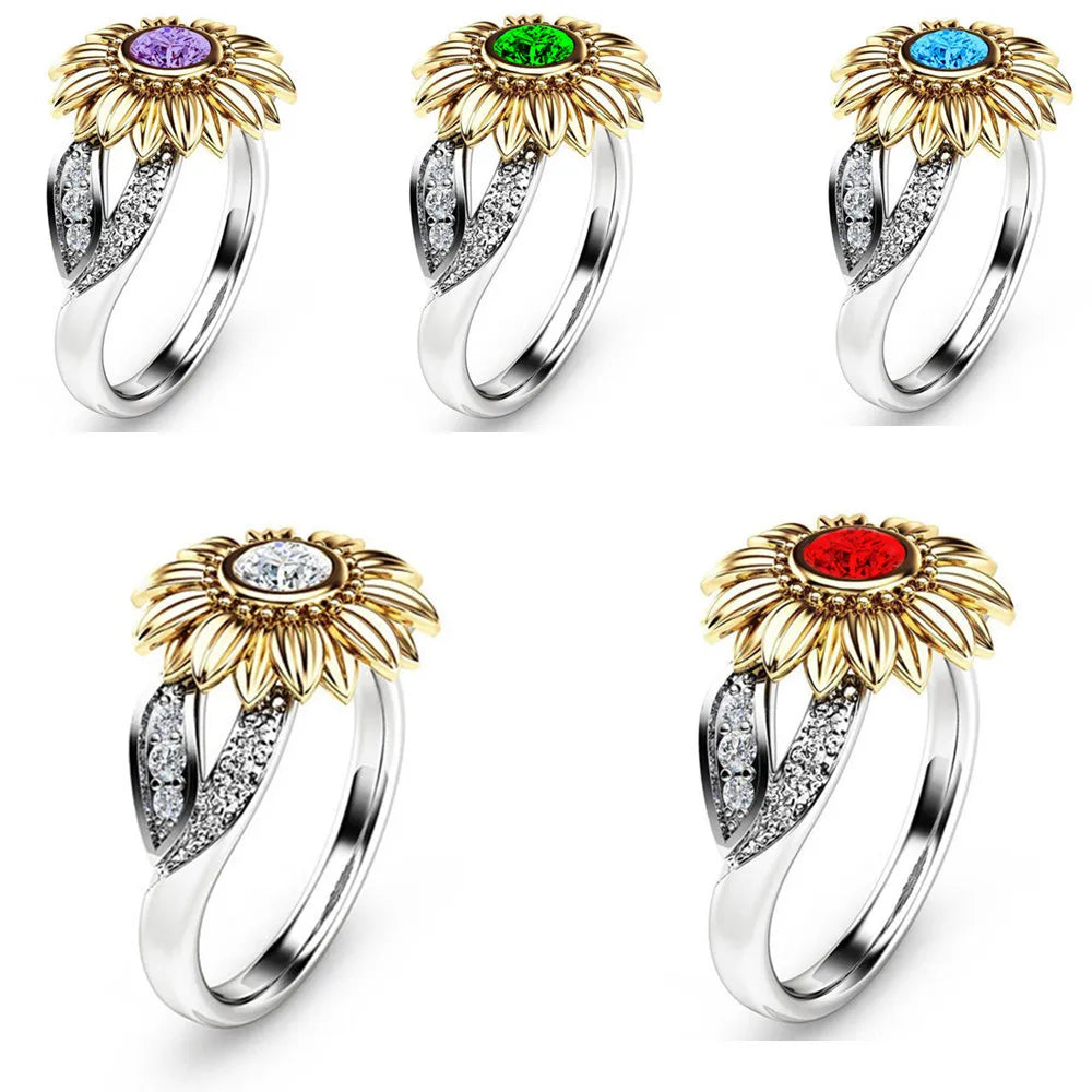 Custom Wedding Ring-Fashion Sunflower Flower Copper Plating Inlay Artificial Gemstones Rings 1 Piece