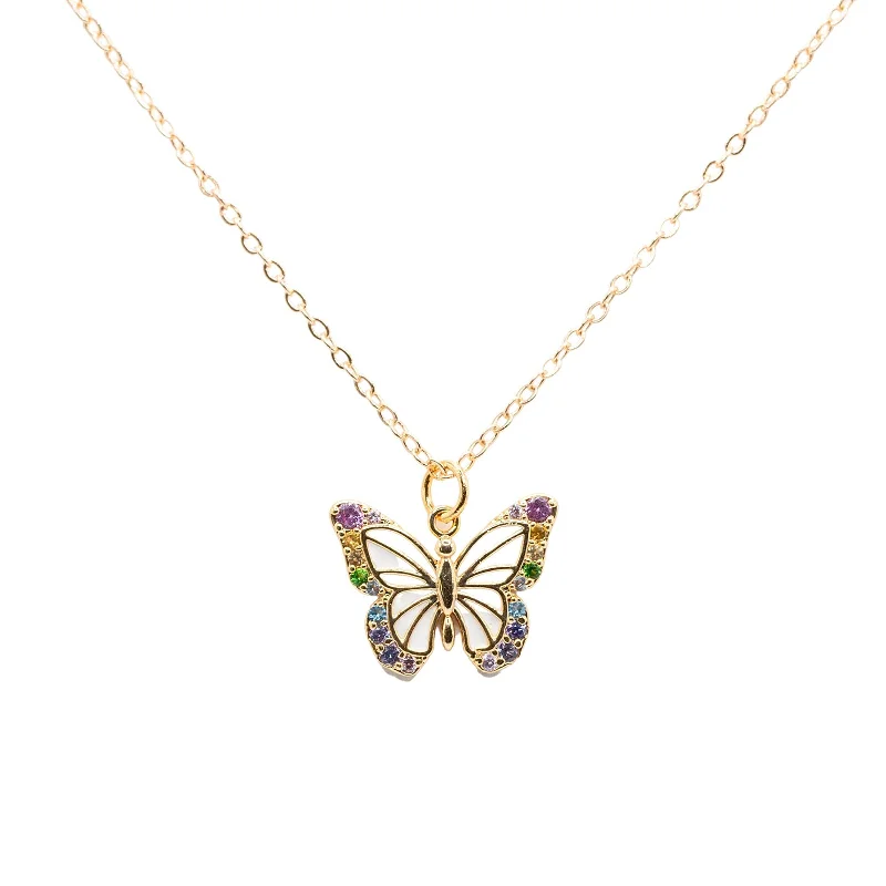 Stylish Diamond Necklace-Butterfly Insect Rainbow CZ Enamel Charm Necklace