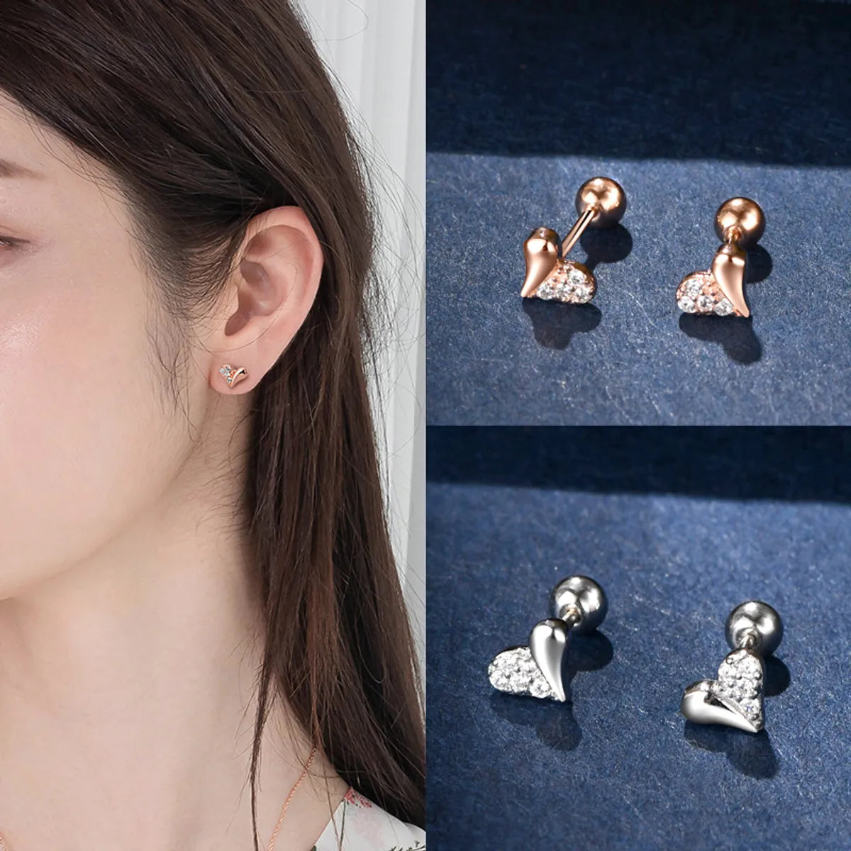 Fashion Heart Shape Silver Plating Inlay Zircon Ear Studs 1 Pair