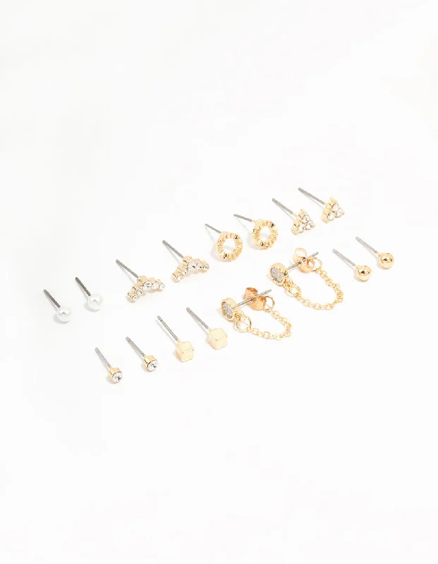 Modern Drop Earrings-Gold Stud & Chain Diamante Earrings 8-Pack