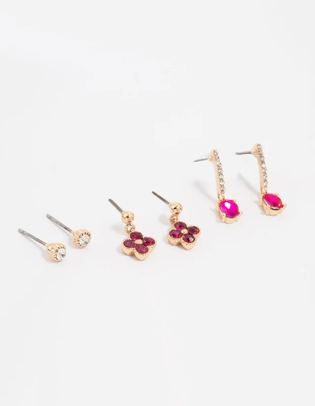 Geometric Earrings for Women-Gold Pink Diamante Clover Stud Earrings 3-Pack