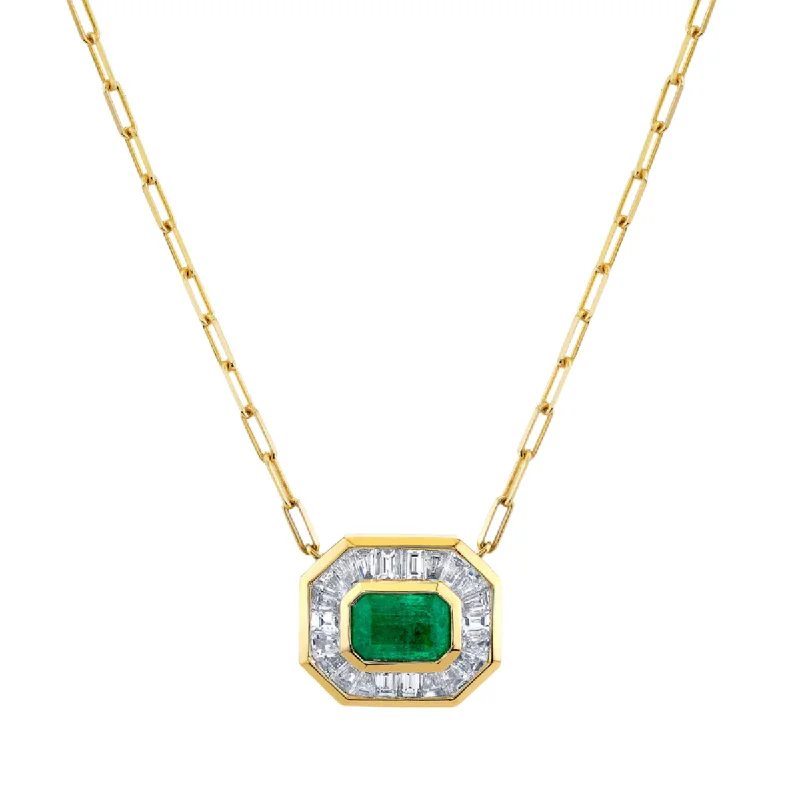 Luxury Diamond Necklace-READY TO SHIP EMERALD & DIAMOND HALO MINI DECO PENDANT NECKLACE