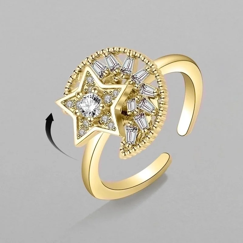 Rose Gold Solitaire Ring-Fashion Golden Star Moon Zircon Rotating Copper Open Ring