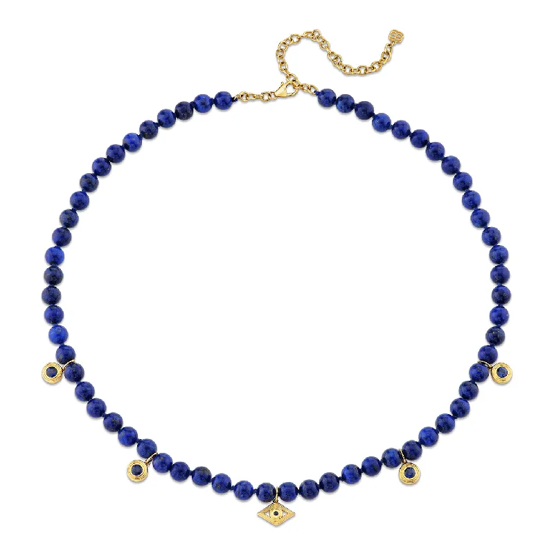 Custom Charm Necklace-Gold & Sapphire Fluted Charms on Lapis Beaded Necklace