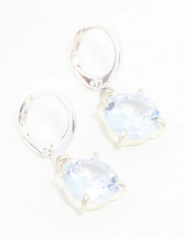 Fashion Bead Earrings-Blue Bezel Diamante Clicker Drop Silver Earrings