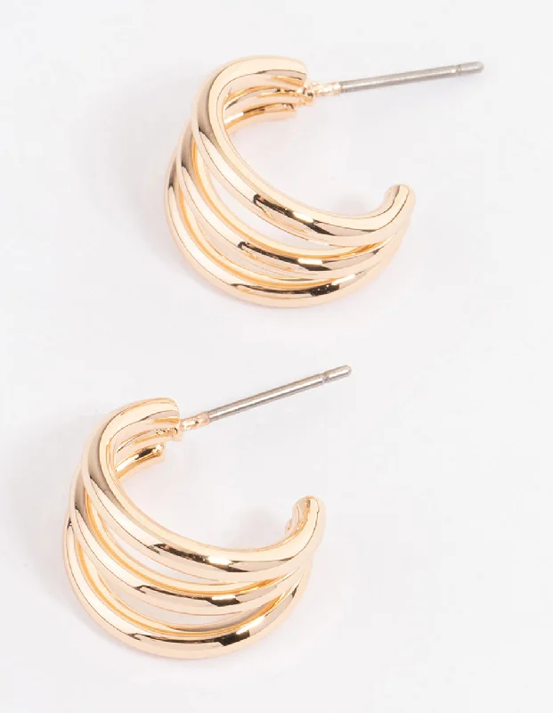 Simple Hoop Earrings-Gold Classic Triple Illusion Huggie Earrings