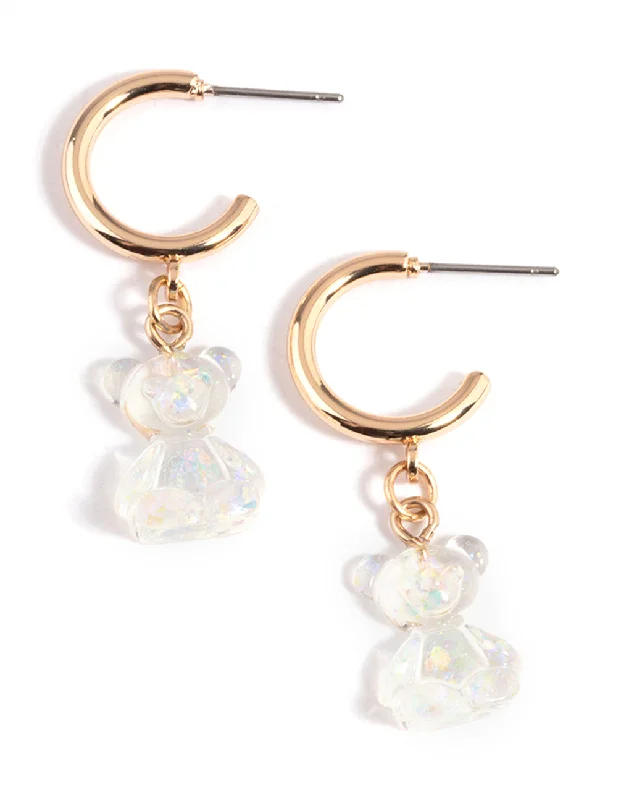 Pearl Hoop Earrings-Clear Cute Bear Huggie Earrings