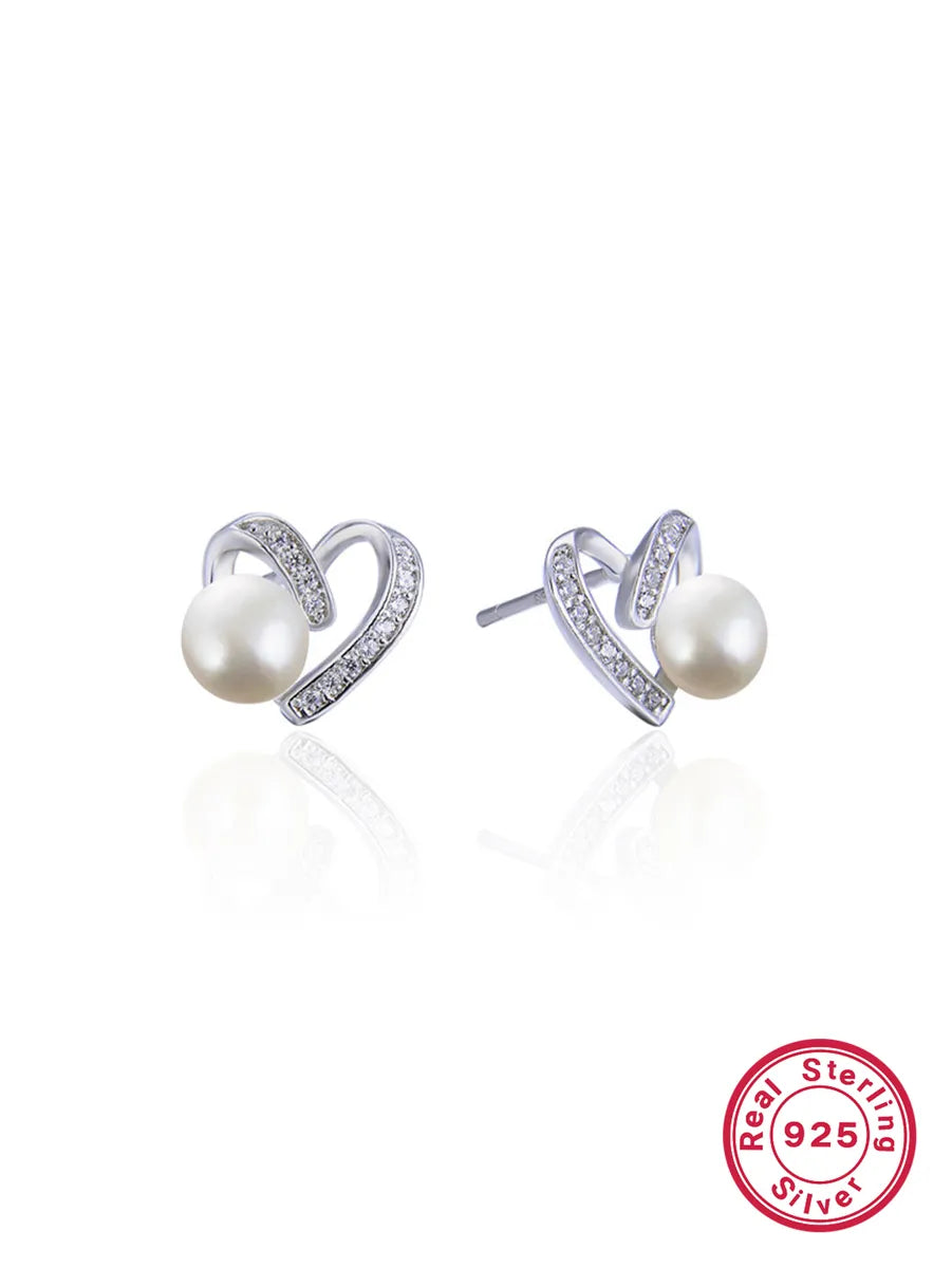 1 Pair Elegant Heart Shape Inlay Sterling Silver Artificial Pearls Zircon White Gold Plated Ear Studs