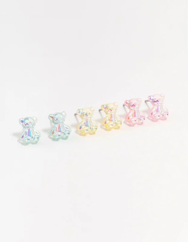 Heart Shaped Drop Earrings-Holographic Teddy Stud Earrings 3-Pack