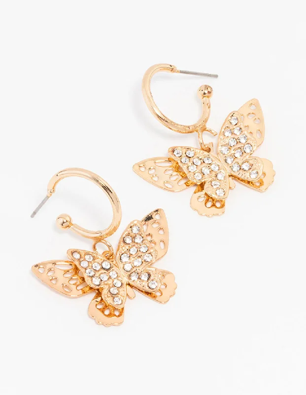 Vintage Style Earrings-Gold Diamante Butterfly Hoop Drop Earrings