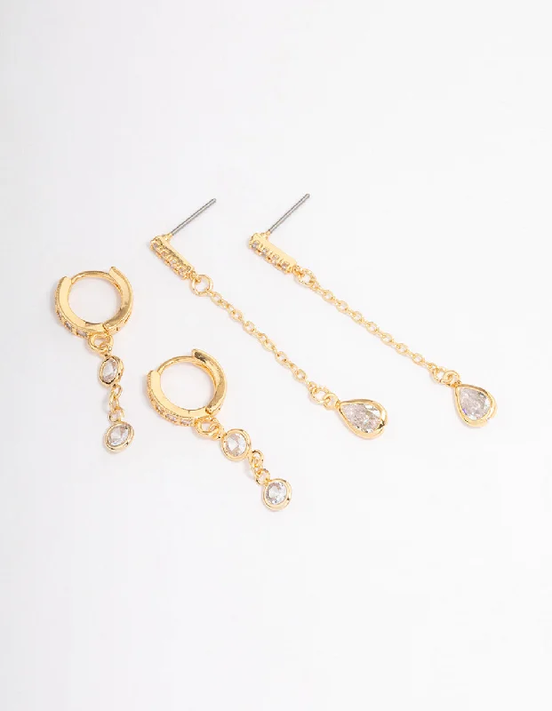 Long Diamond Earrings-Gold Plated Round & Pearl Cubic Zirconia Earrings Pack