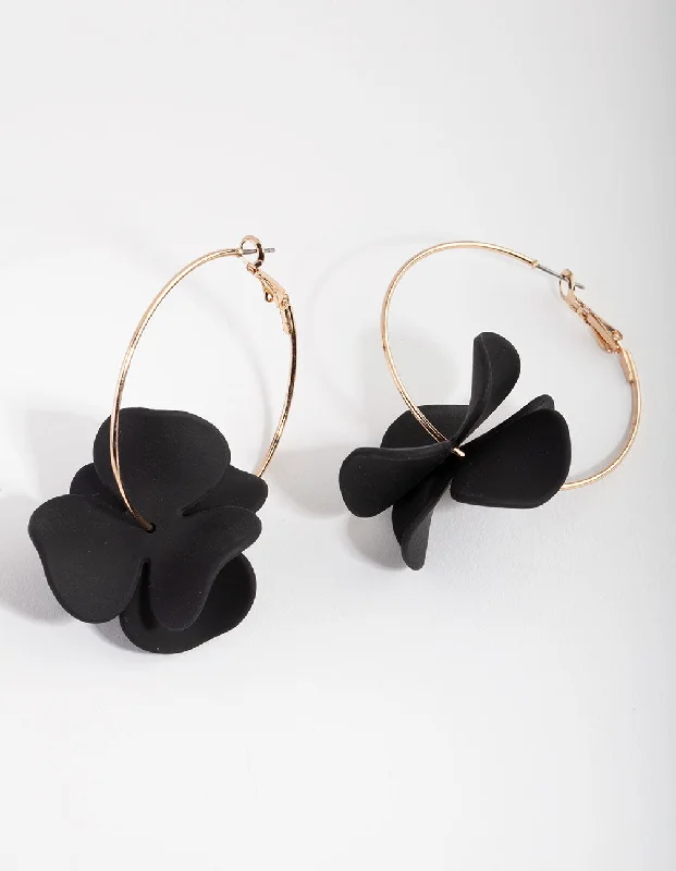 Gold Leaf Earrings-Gold Black Pearlised Flower Hoop Earrings