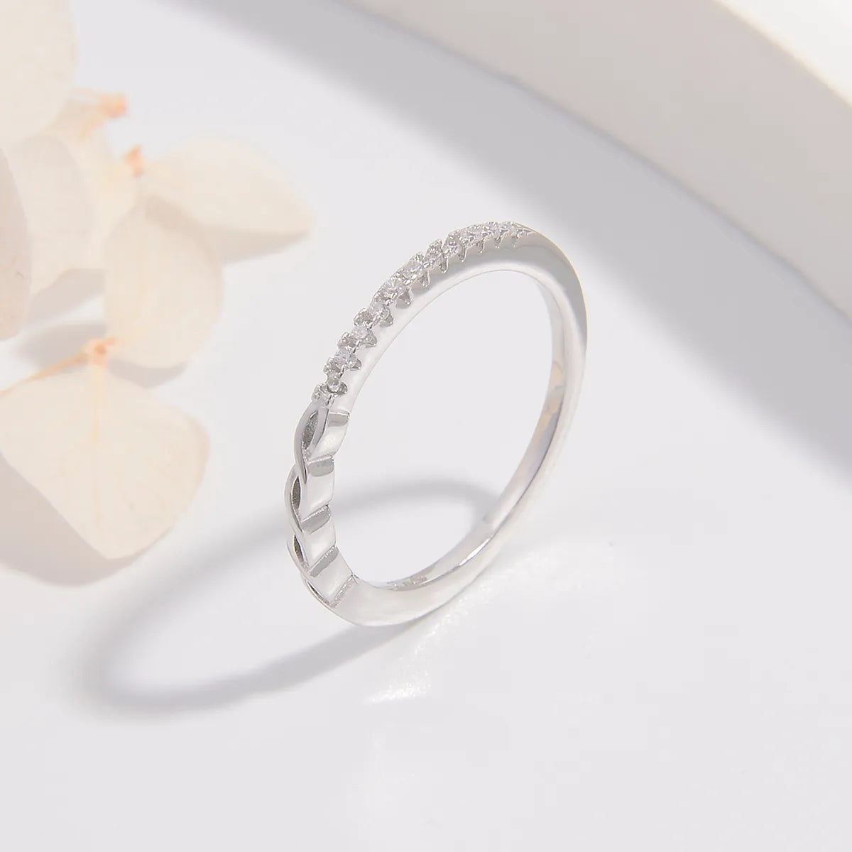 White Diamond Wedding Band-Ig Style Cute Sweet Twist Sterling Silver Plating Hollow Out Inlay Zircon White Gold Plated Rhodium Plated Rings