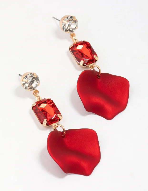 Artistic Metal Earrings-Gold Rectangular Diamante Red Petal Drop Earrings