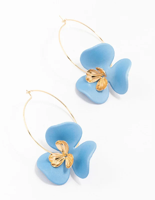 Silver Bead Drop Earrings-Blue Flower Petal Gold Hoop Earring