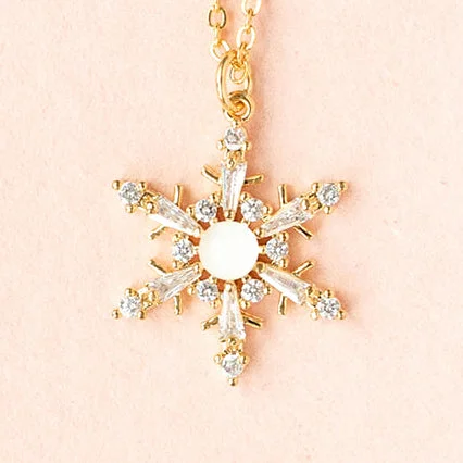 Elegant Gold Necklace-Snowflake Sparkle CZ Stone Charm Dainty Pendant Necklace