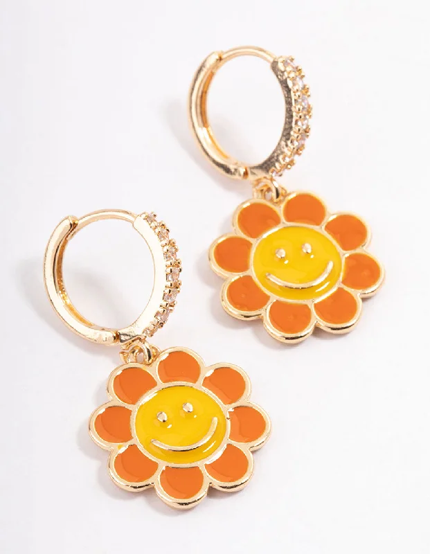 Pretty Gold Earrings-Gold Smiley Flower Huggie Earrings