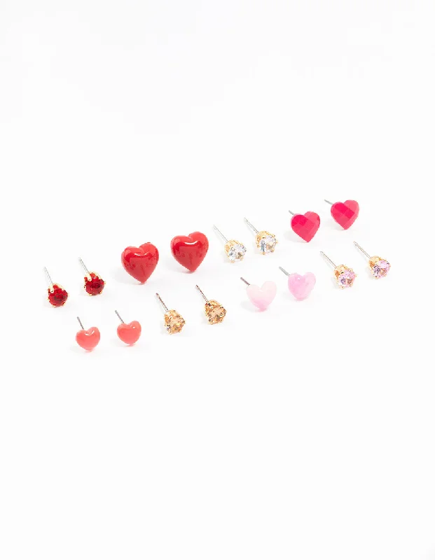 Pearl Stud Earrings for Weddings-Mixed Gold Love Heart Earrings 8-Pack