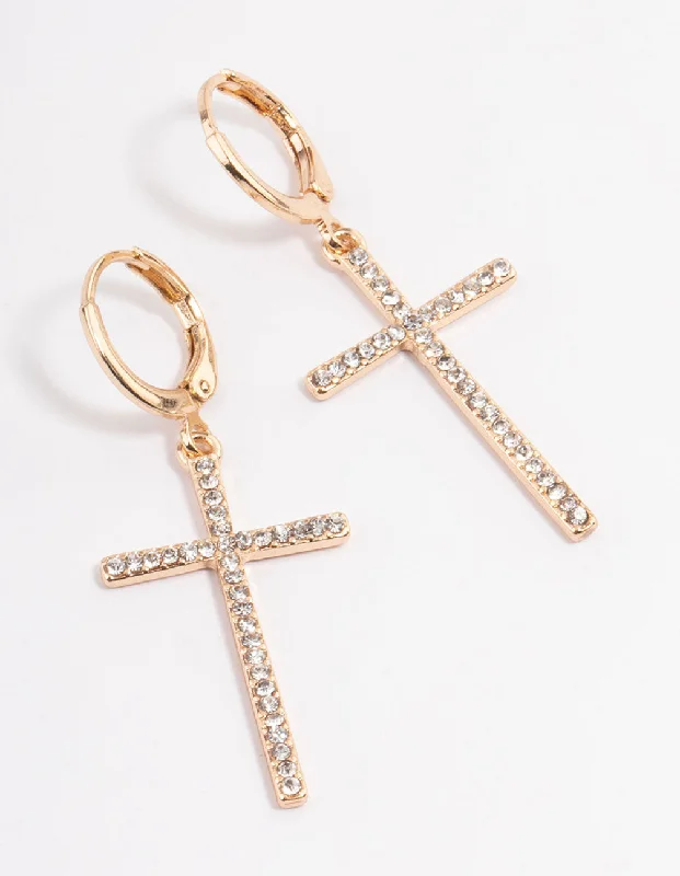 Luxury Gemstone Earrings-Gold Diamante Cross Huggie Earrings