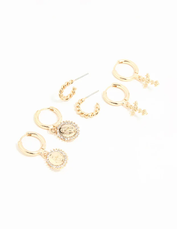 Gold Knot Earrings-Gold Diamante Cross Huggie Earrings 3-Pack