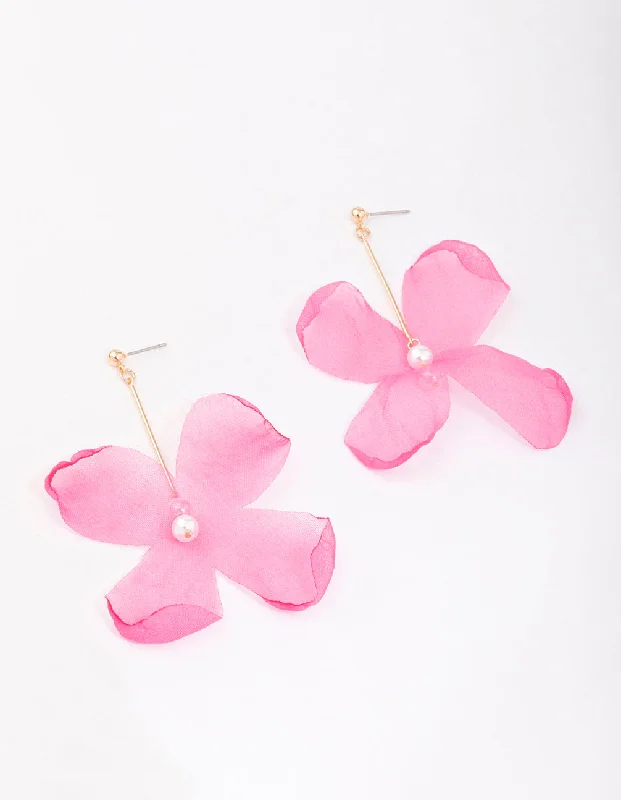 Luxury Wedding Earrings-Pink Diamante & Pearl Fabric Flower Drop Earrings