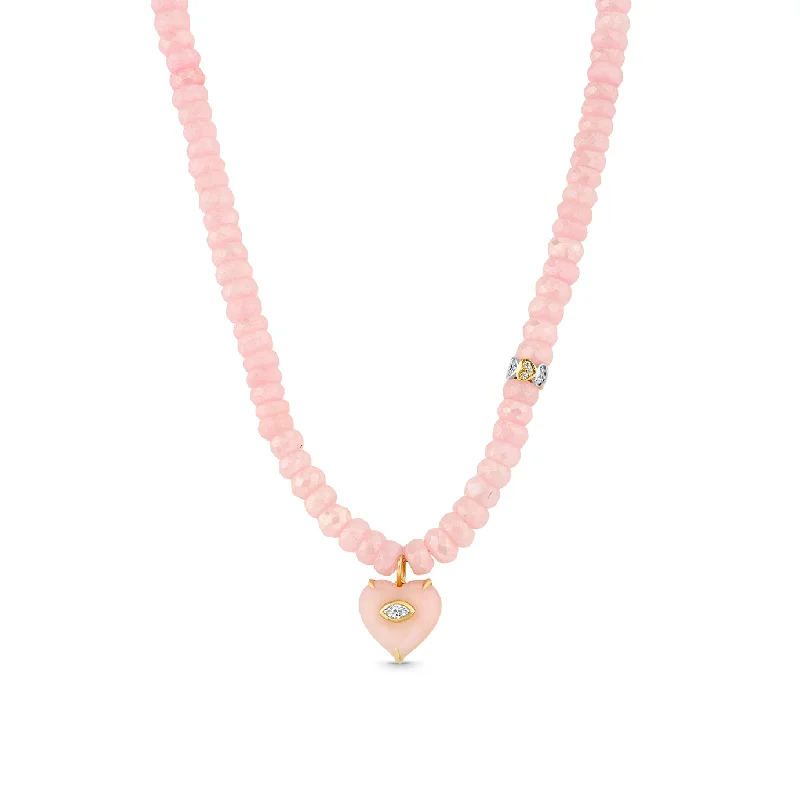 Butterfly Pendant Necklace-Gold, Diamond & Pink Opal Heart Beaded Necklace