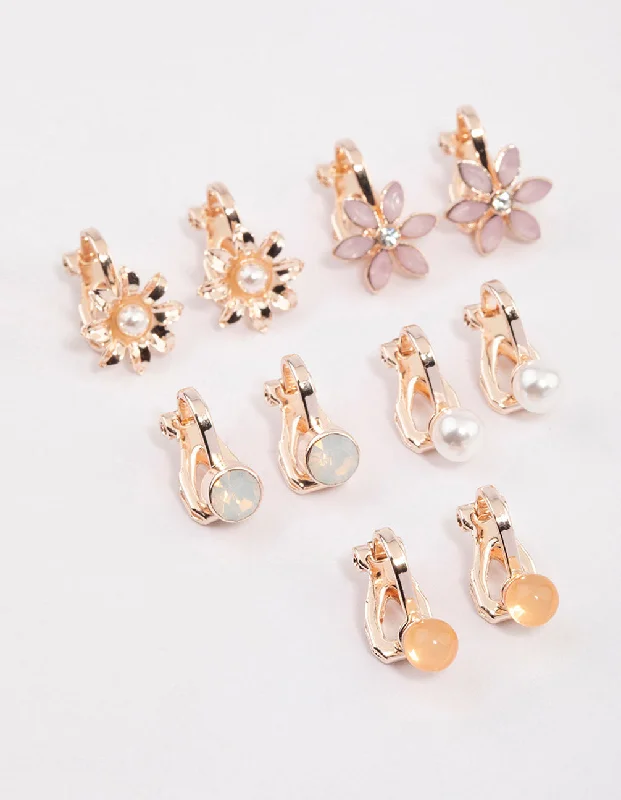 Pink Gold Earrings-Rose Gold Pretty Garden Clip On Earrings 5-Pack